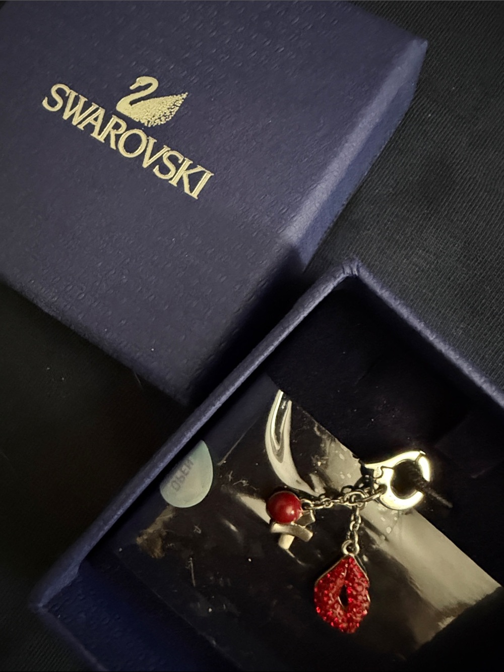 NIB Swarovski Silver-Tone Charm w/ Red Lip & XO Red bead White Crystal (retired)